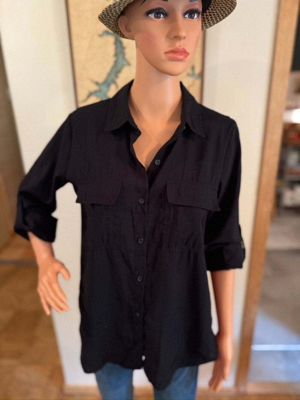 🖤 Max Studio Black Silky Button-Down Blouse | Roll-Tab Sleeves | Size Medium